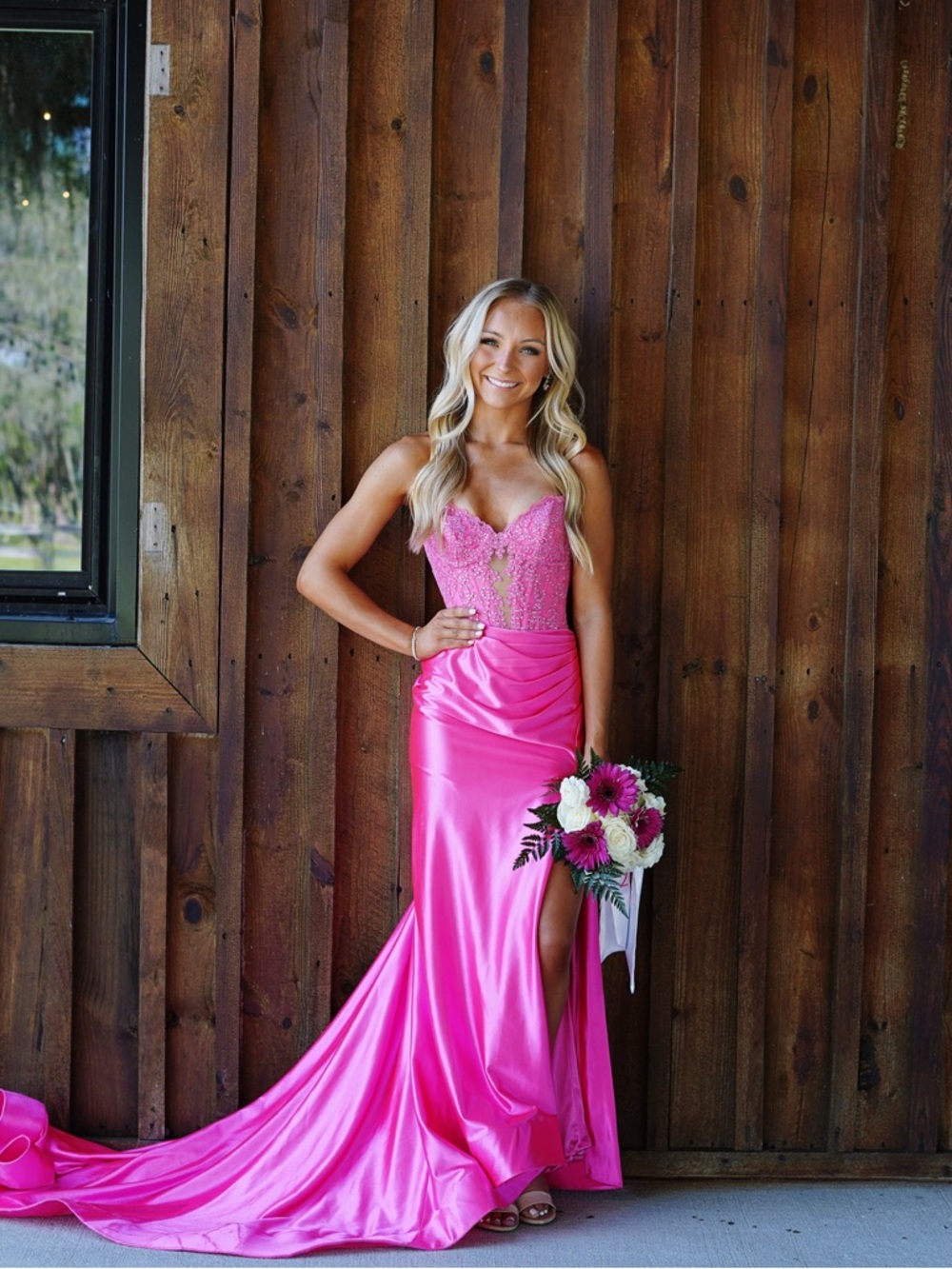 Sherri Hill Hot Pink Strapless Beaded Lace Prom Gown - Picture 3 of 4